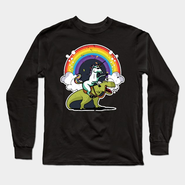 Unicorn Riding Dinosaur T Rex T Shirt Rainbow Long Sleeve T-Shirt by Xizin Gao